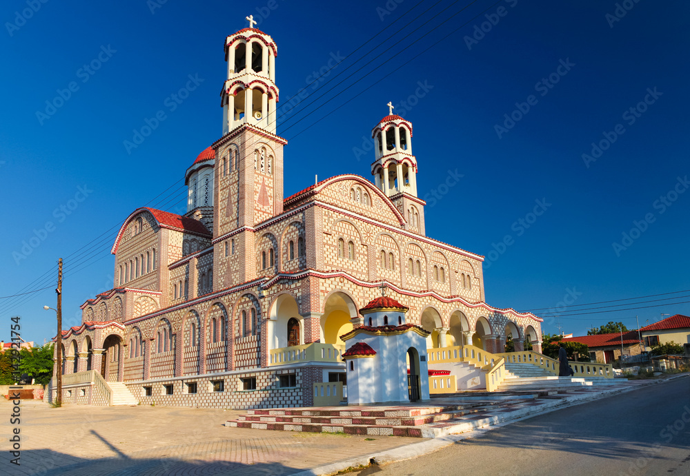 Church of Agios Georgios is a greek orthodox church in village Nea Potidaia (Nea Poteidea) in the evening in  peninsula Kassandra, Chalkidiki, Greece