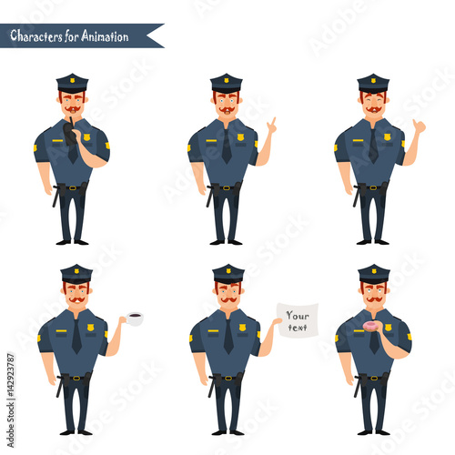 Set of colorful isolated vector policeman at work.