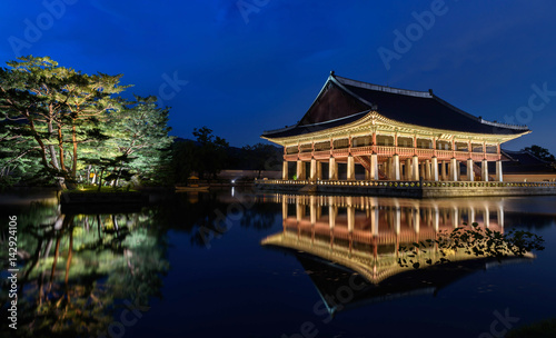 Gyeongbokgung Palace At Night In South Korea, with the name of the palace 'Gyeongbokgung' on a sign