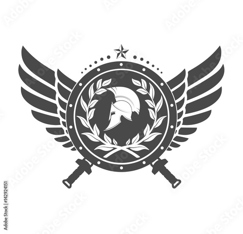 Military symbol a Spartan helmet on a board with among wings.