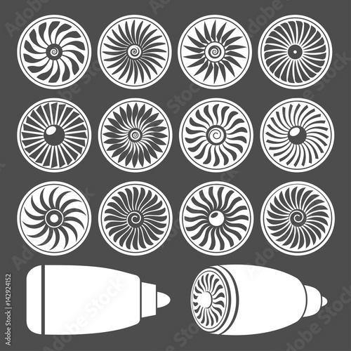 Blades of turbines of the engine of the plane, monochrome icons.