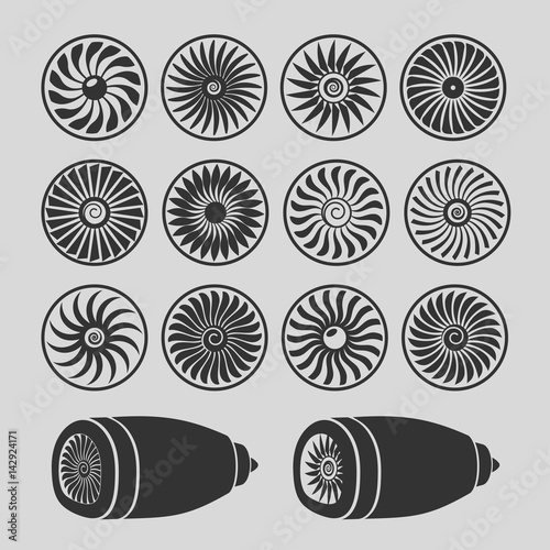 Blades of turbines of the engine of the plane, monochrome icons.