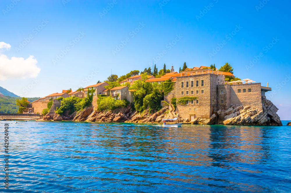 Naklejka premium Sveti Stefan, old historical town and resort on the island. Montenegro.