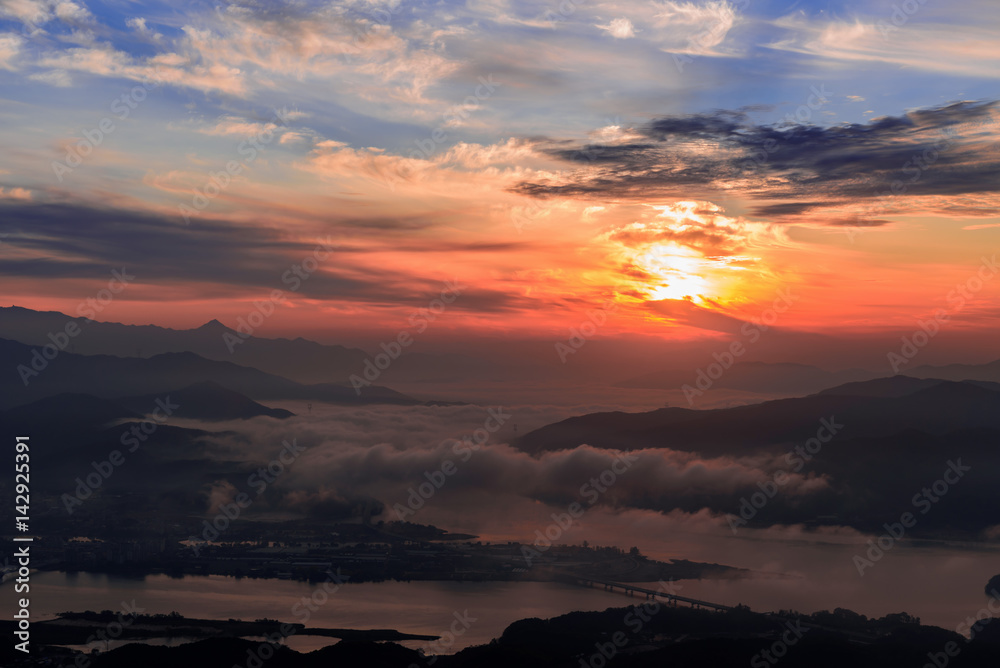 Sunrise on the mountain and foggy in Korea