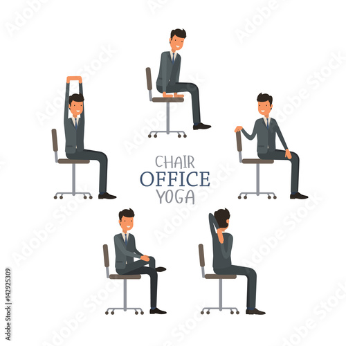 Vector illustration with office chair yoga. Businessman doing workout and stretching. Man in suit exercising on office chair. Icon set on white isolated background.