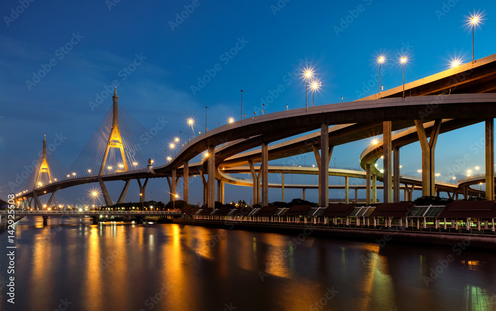 Bhumibol bridge, beautiful suspension bridge in Bangkok, Thailand