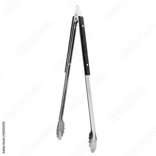 Isolated metal barbecue tongs with black wooden handle photo