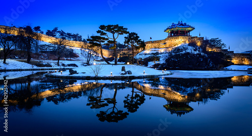 Reflection of Suwon Hwaseong fortres in Suwon.Korea