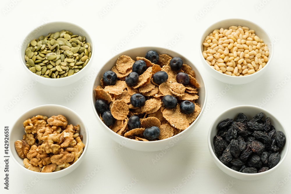 Healthy food. Multi grain flakes and nuts for breakfast. Healthy food. Multi grain flakes and nuts for breakfast.