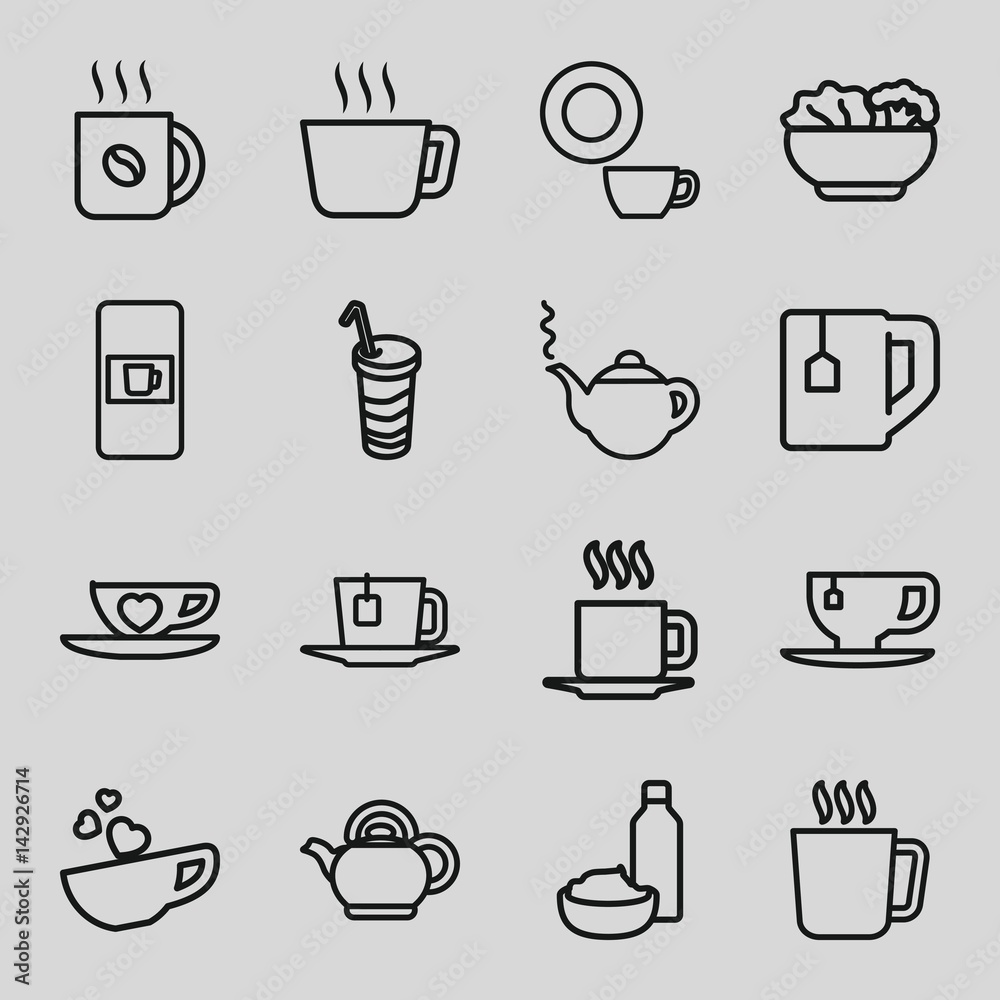 Set of 16 tea outline icons Set of 16 tea outline icons
