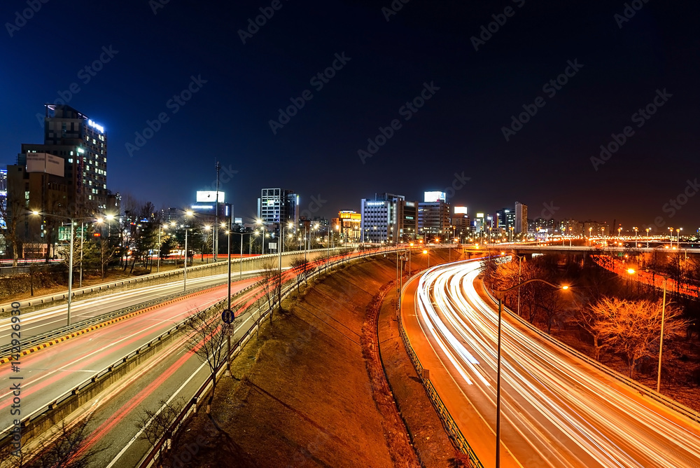 Light trails on a highway at night