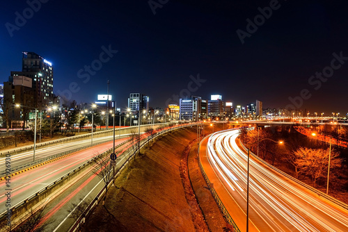 Light trails on a highway at night