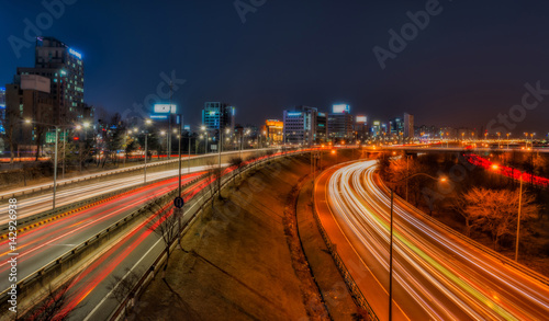 Light trails on a highway at night