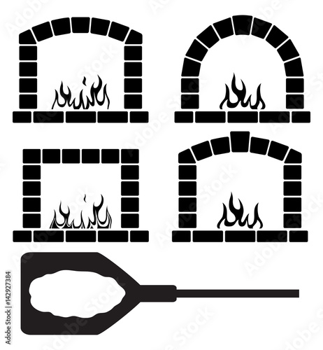 vector clipart set of ovens with burning fire and pizza