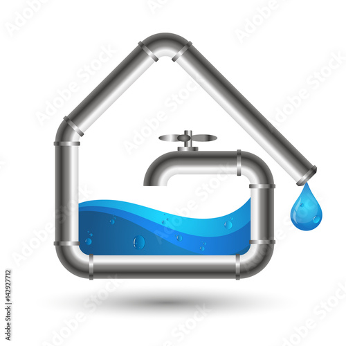 Water pipes and a drop of water. Design for plumbing.