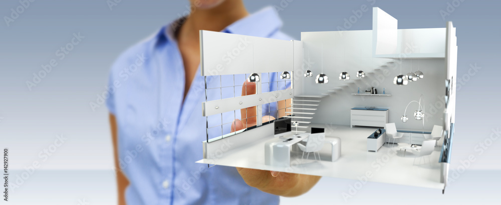 Businesswoman touching white 3D rendering apartment with her finger Businesswoman touching white 3D rendering apartment with her finger