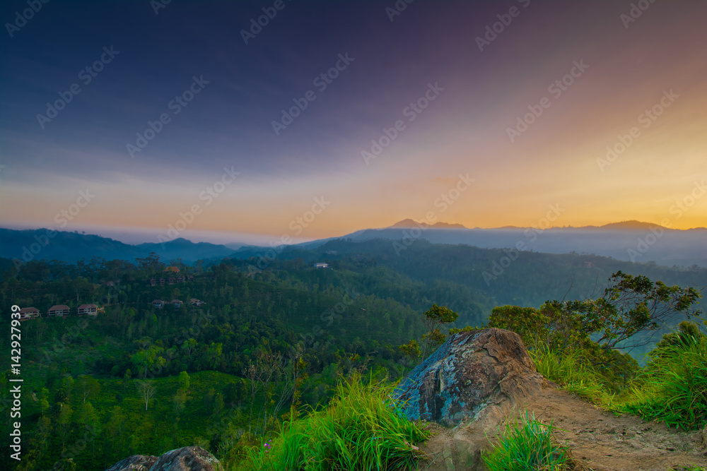 Beautiful sunrise at little Adams peak in Ella, Sri Lanka. Ella is a great location for viewing some of the best natural scenery in Sri Lanka
