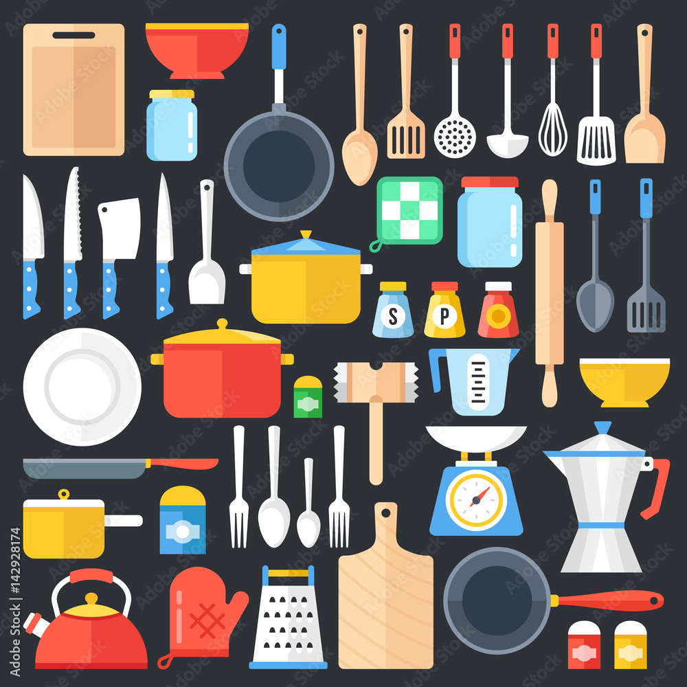 Kitchen utensils set. Kitchenware, cookware, kitchen tools ...