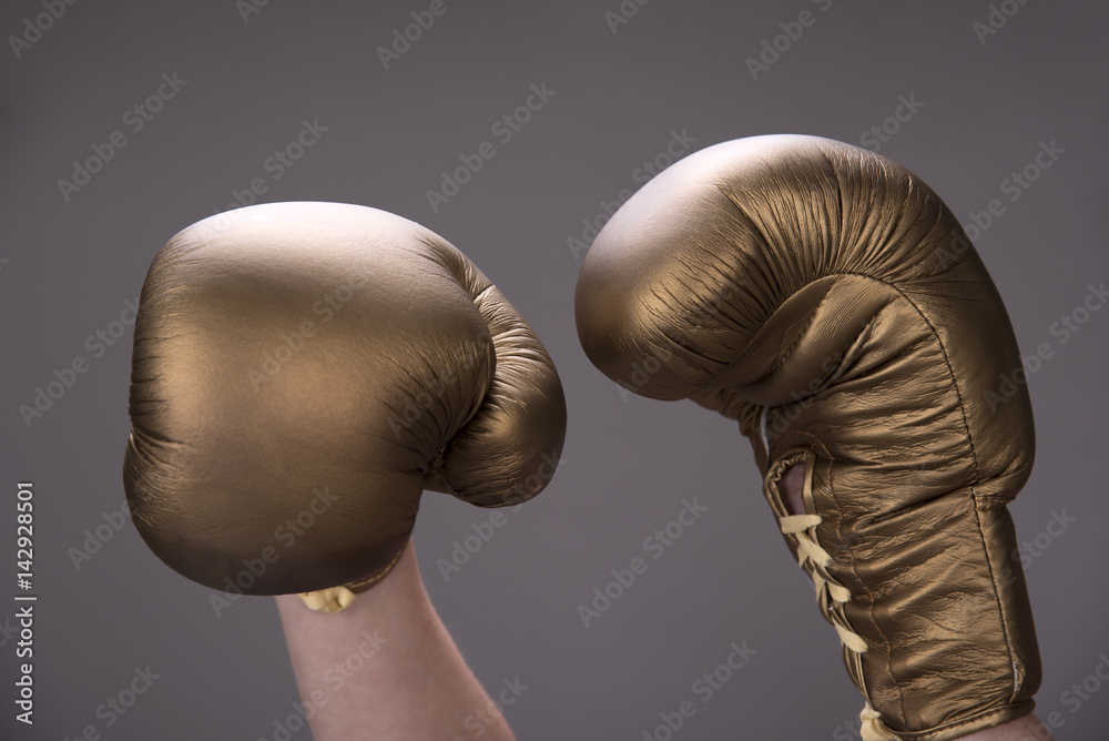 A pair of gold colored boxing gloves