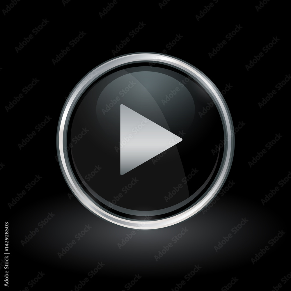 Multimedia symbol with play arrow icon inside round chrome silver and black button emblem on black background. Vector illustration. Multimedia symbol with play arrow icon inside round chrome silver and black button emblem on black background. Vector illustration.