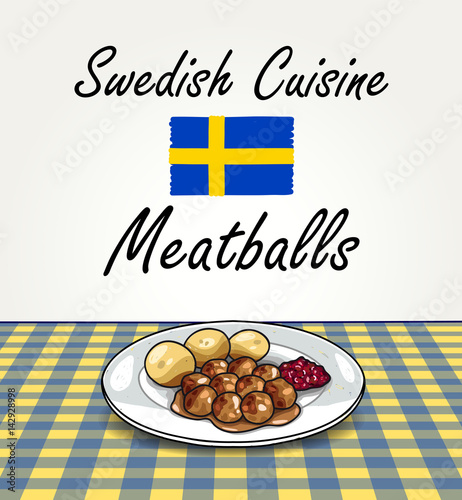 Swedish Cuisine - Vector Meatballs on Plate on Squared Table