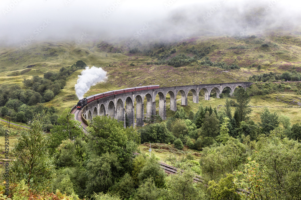 Train moving on viaduct, Glenfinnan, Scotland, UK