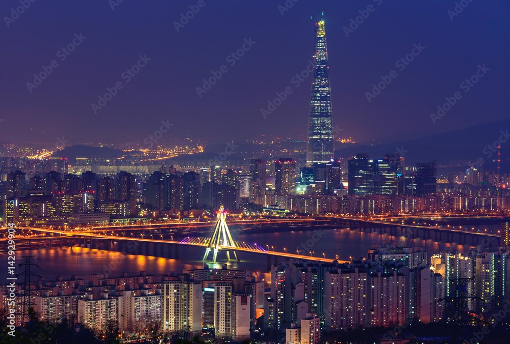 Korea,Seoul city skyline and Lotte World mall at nigth