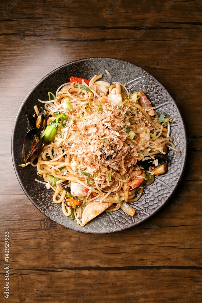 Stir-fried Seafood Udon. Japanese style noodles.	