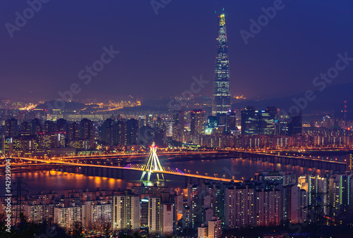Korea,Seoul city skyline and Lotte World mall at nigth