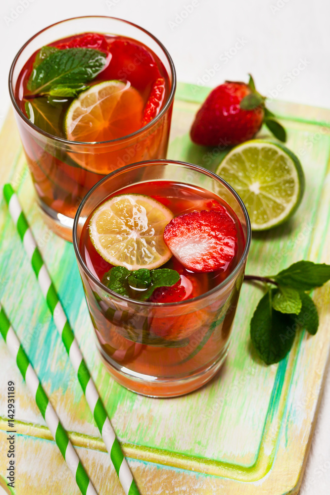 Strawberry Lime Lemonade Summer Drink. Selective focus. Strawberry Lime Lemonade Summer Drink. Selective focus.