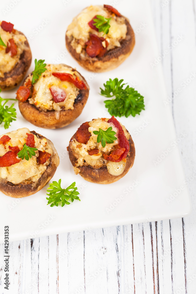 Stuffed Mushrooms with Breadcrumbs, Cheese and Bacon. Selective focus.