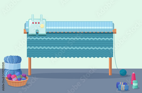 Knitting machine vector illustration in flat style with wool yarn skeins and handmade hobby and needlework accessories
