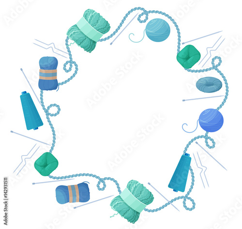 Handmade or knitting background with frame of yarn skeins, knitting tools,  and handmade hobby accessories in flat style vector illustration