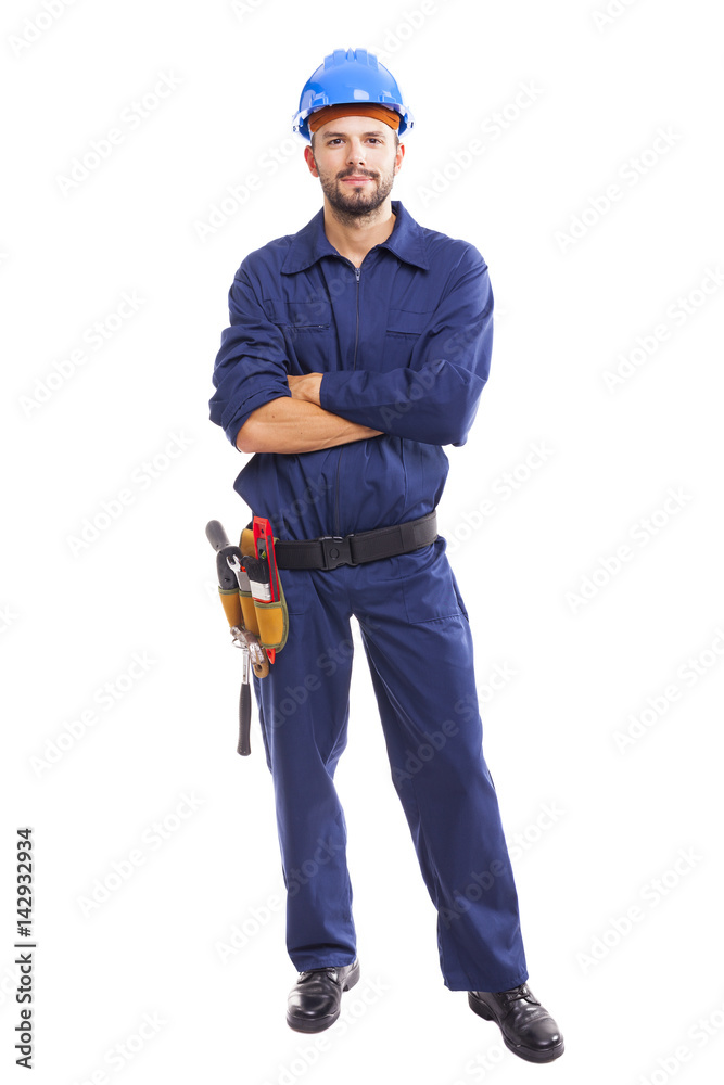 Portrait of a young worker standing on white background