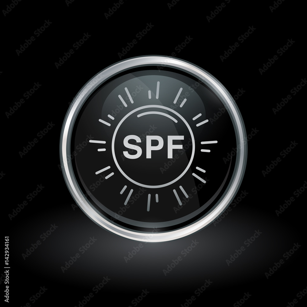 Fototapeta premium Sun protection factor symbol with SPF sunblock icon inside round chrome silver and black button emblem on black background. Vector illustration.