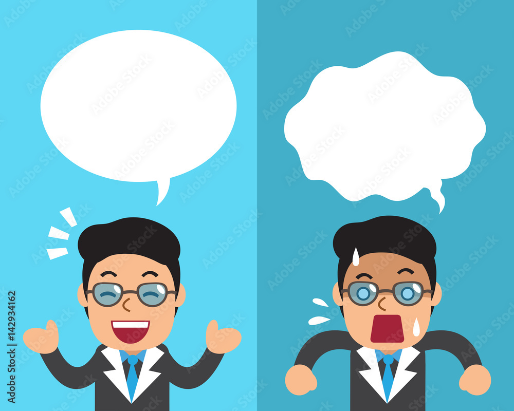 Cartoon a businessman expressing different emotions with white speech bubbles