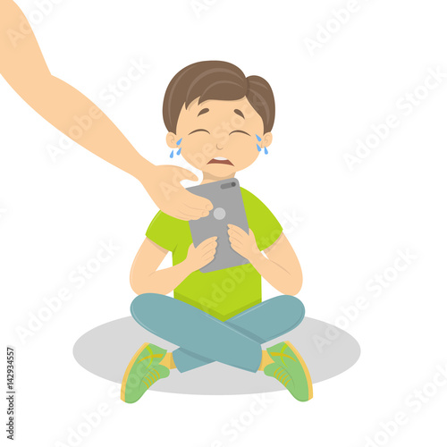Crying boy with tablet. Parents give tablet away from computer addicted boy.