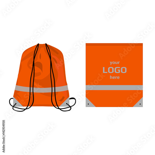 Visibility drawstring bag orange color with reflective parts and place for logo, isolated vector.