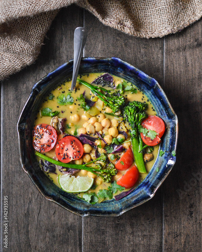 Overhead view of curry served in a bowl
