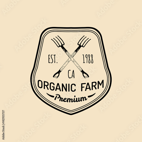 Vector retro family farm logotype. Organic premium quality products badge. Vintage hand sketched pitchforks icon.