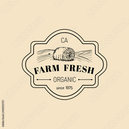Vector retro farm fresh logotype. Organic premium quality products logo. Vintage hand sketched haystack icon.
