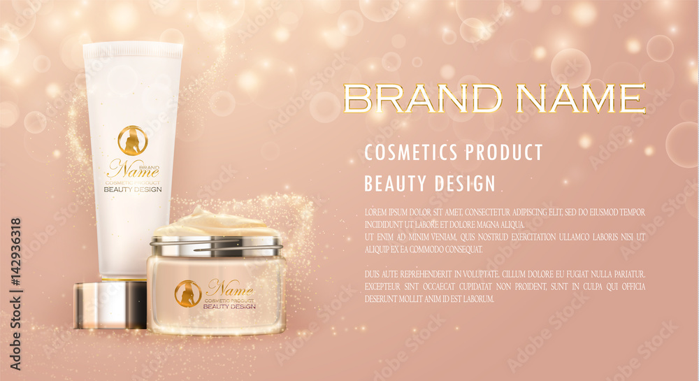 Cream ads, makeup container template. Design cosmetics product advertising, blur and bokeh background, sparkling effect. 3d Vector illustration for cream, soaps, foams, lotions. Cream ads, makeup container template. Design cosmetics product advertising, blur and bokeh background, sparkling effect. 3d Vector illustration for cream, soaps, foams, lotions.