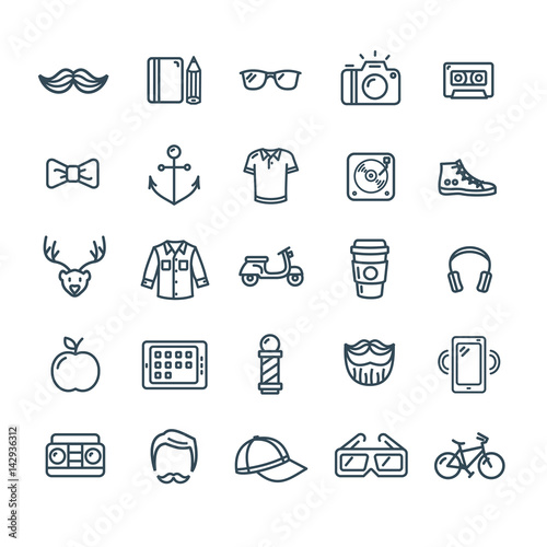 Hipster Icon Black Thin Line Set. Vector