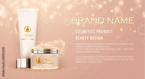 Cream ads, makeup container template. Design cosmetics product advertising, blur and bokeh background, sparkling effect. 3d Vector illustration for cream, soaps, foams, lotions.