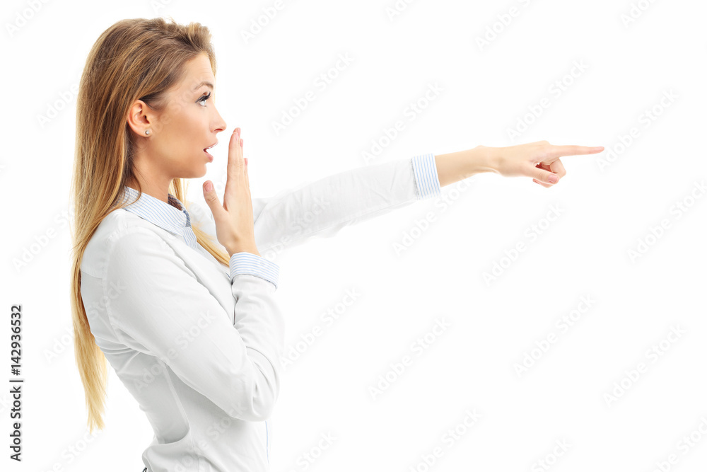 Close up portrait of woman pointing over white background Close up portrait of woman pointing over white background