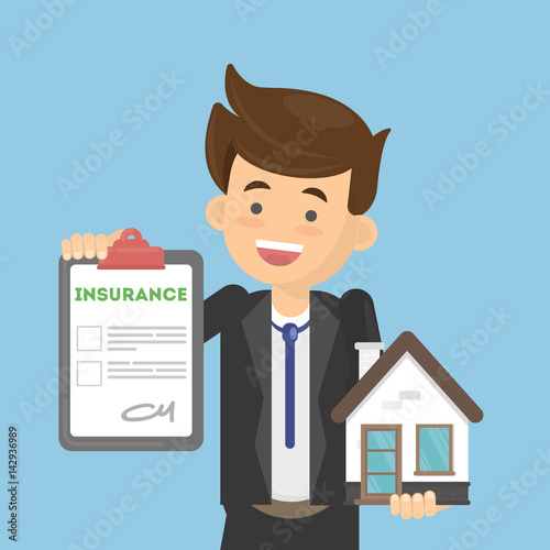 Man shows house insurance. Real estate safety and saving. Smiling man holds house.