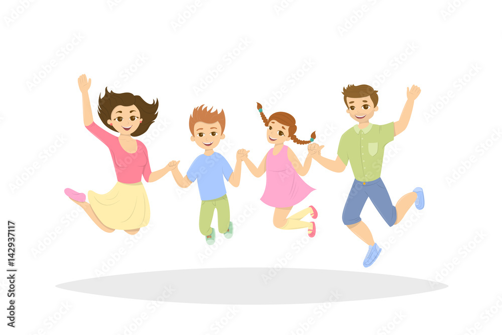 Isolated jumping family. Parents with children jump in happiness and enjoyment.