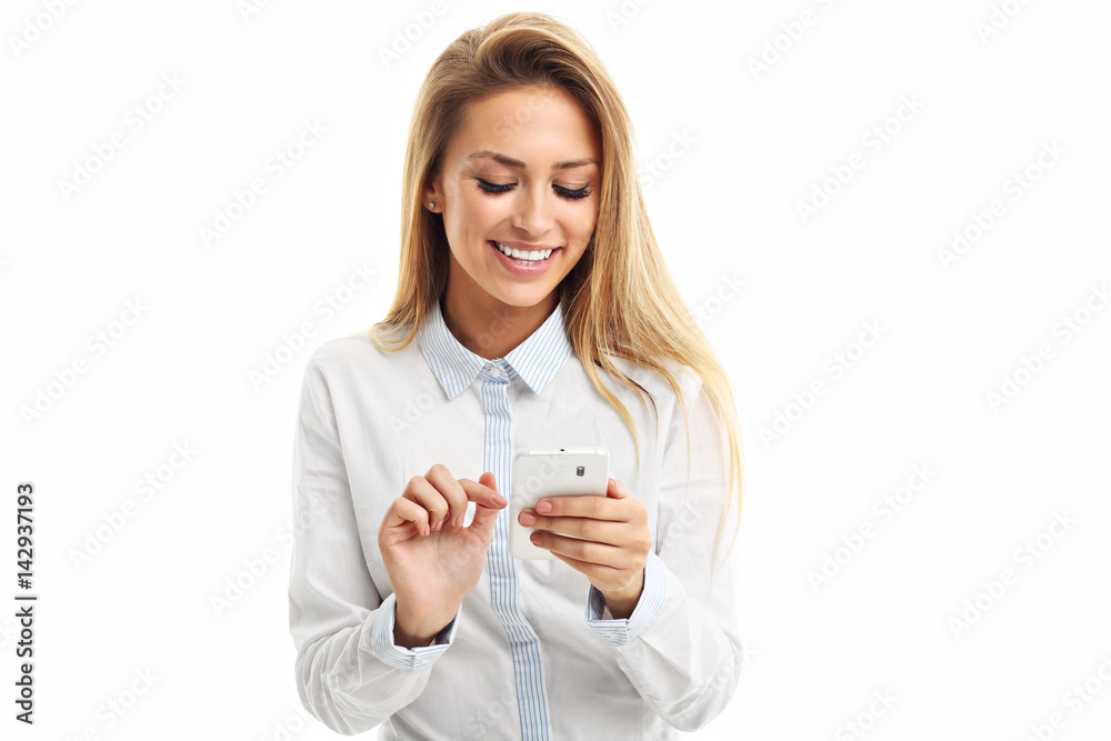Portrait of Beautiful Young Business woman using mobile phone isolated on white background Portrait of Beautiful Young Business woman using mobile phone isolated on white background