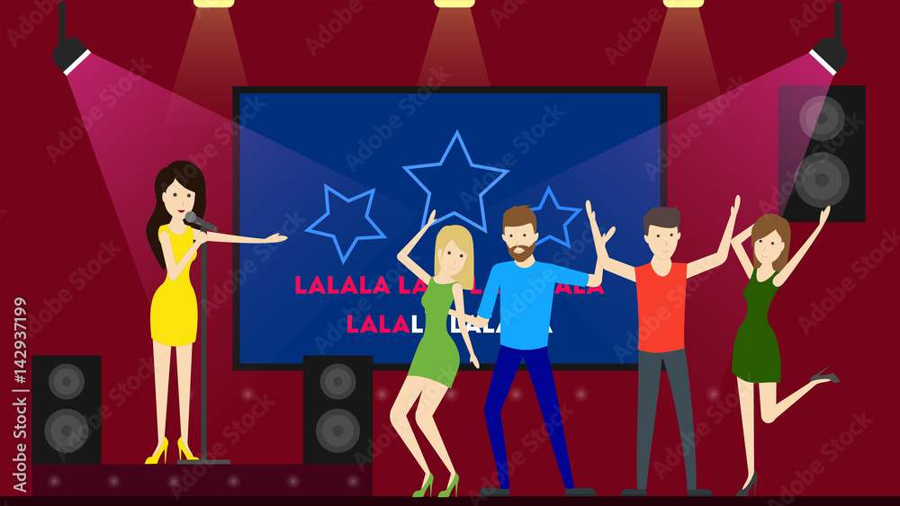 Dancing in karaoke bar. Women and men have fun, dance and listen to the music. Dancing in karaoke bar. Women and men have fun, dance and listen to the music.