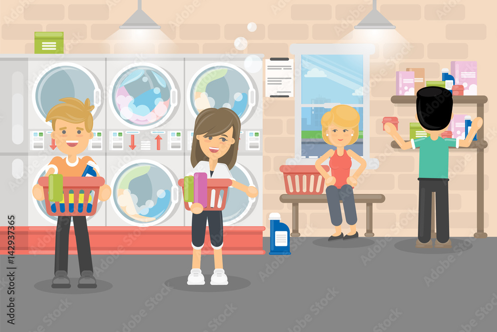 People in laundry serice. Men and women wash their clothes in washing machines.